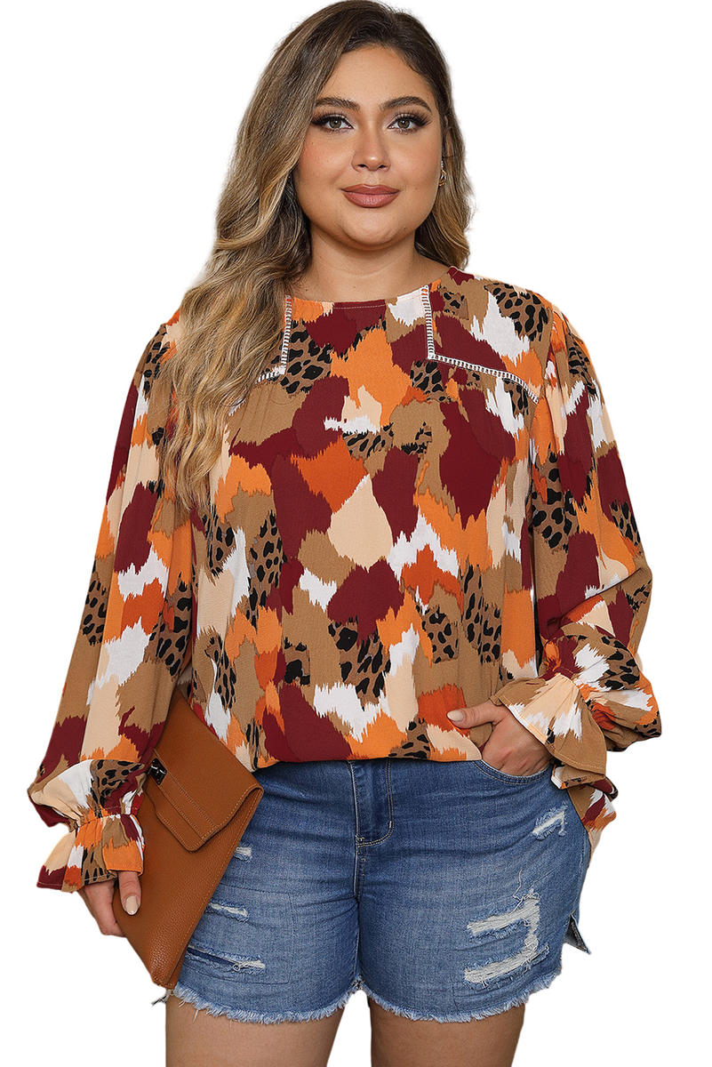 Multicolor Plus Size Abstract Print Balloon Sleeve Blouse